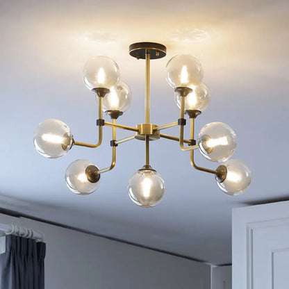 Modernist Amber Glass Globe Semi Flush Ceiling Mount Light Fixture (9/13 Bulbs) in Brass