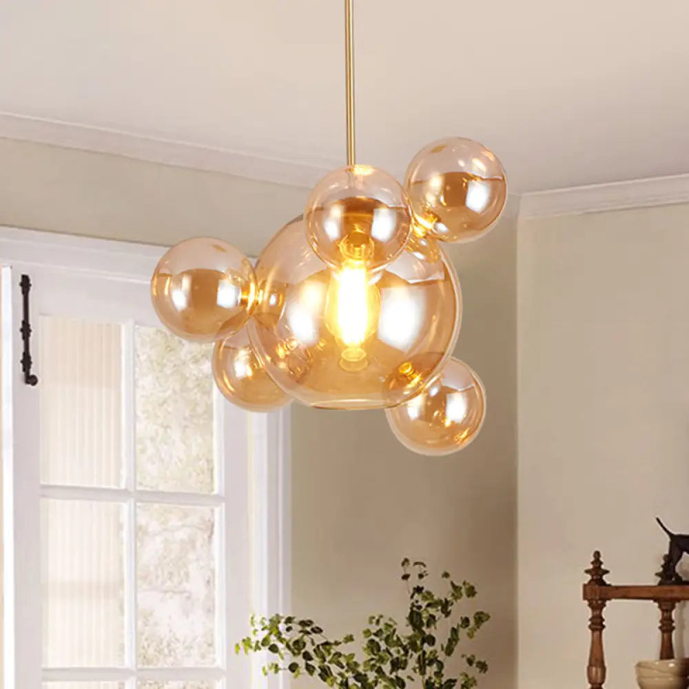 Modernist Amber Glass Pendant Lamp for Dining Table - 1 Light Bubble Shape Hanging Kit