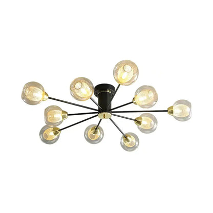 Modernist Amber Glass Semi Flush Mount Ceiling Lamp - 10-Head Black Radial Design