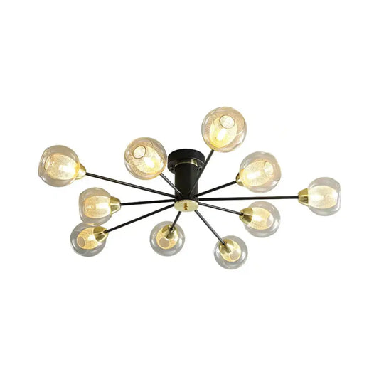 Modernist Amber Glass Semi Flush Mount Ceiling Lamp - 10-Head Black Radial Design