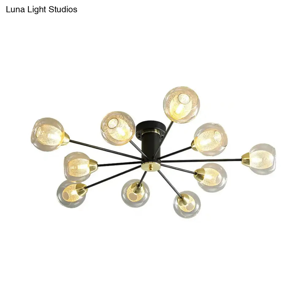 Modernist Amber Glass Semi Flush Mount Ceiling Lamp - 10-Head Black Radial Design