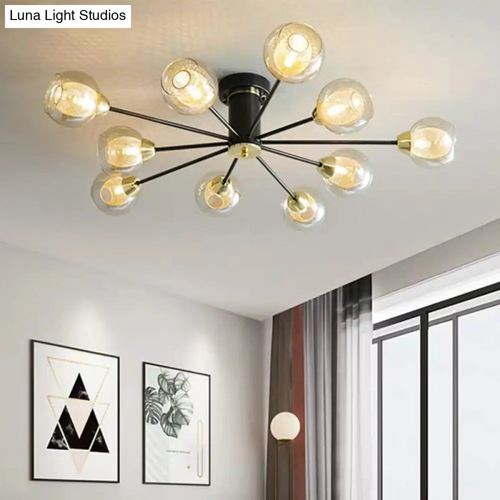 Modernist Amber Glass Semi Flush Mount Ceiling Lamp - 10-Head Black Radial Design