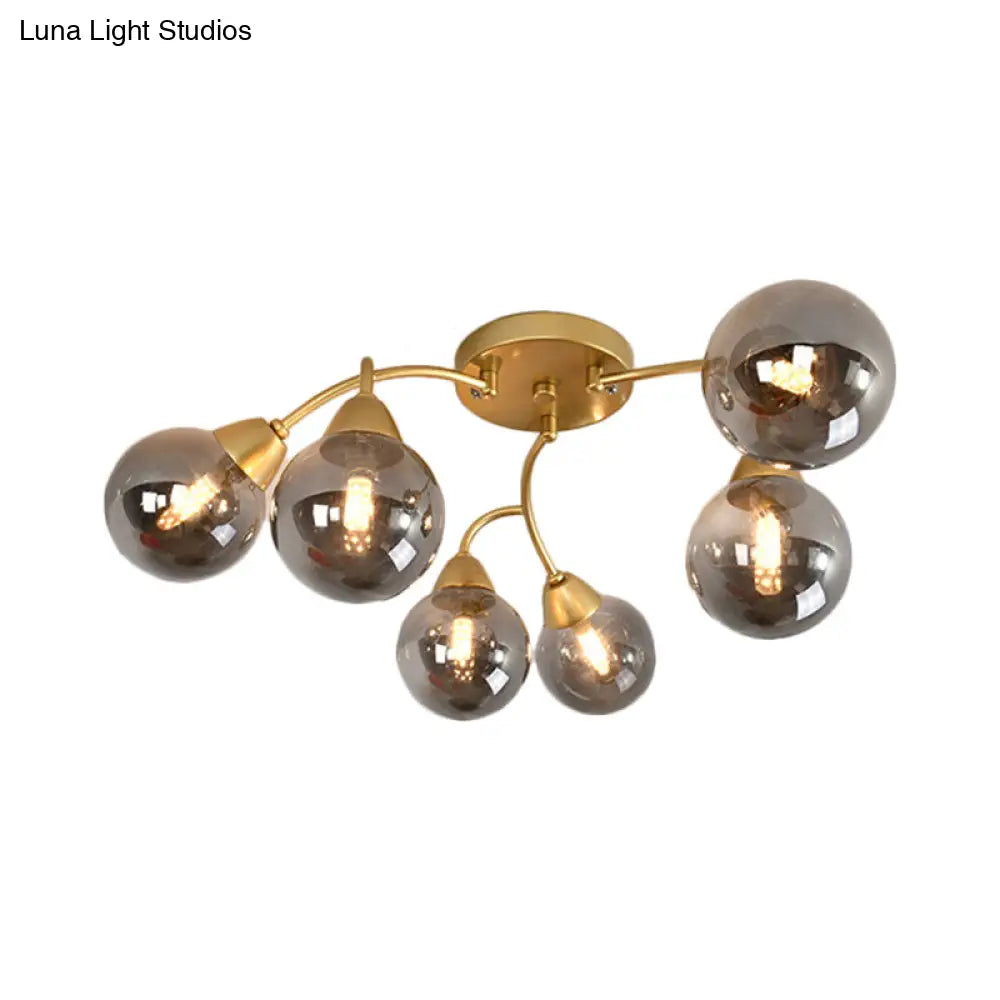 Modernist Amber/Smoky/Cream Glass Semi Flush Lamp with Grape Shape, LED Lights - Gold Flush Mount Fixture