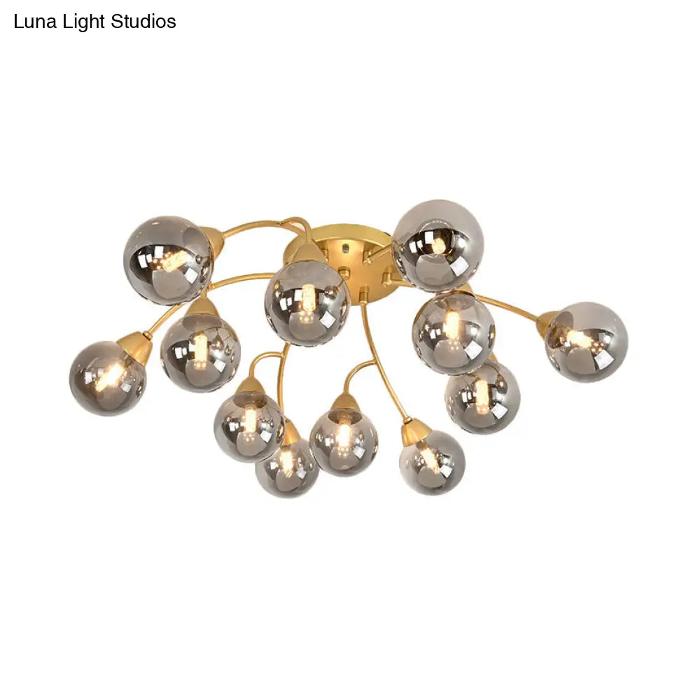 Modernist Amber/Smoky/Cream Glass Semi Flush Lamp with Grape Shape, LED Lights - Gold Flush Mount Fixture