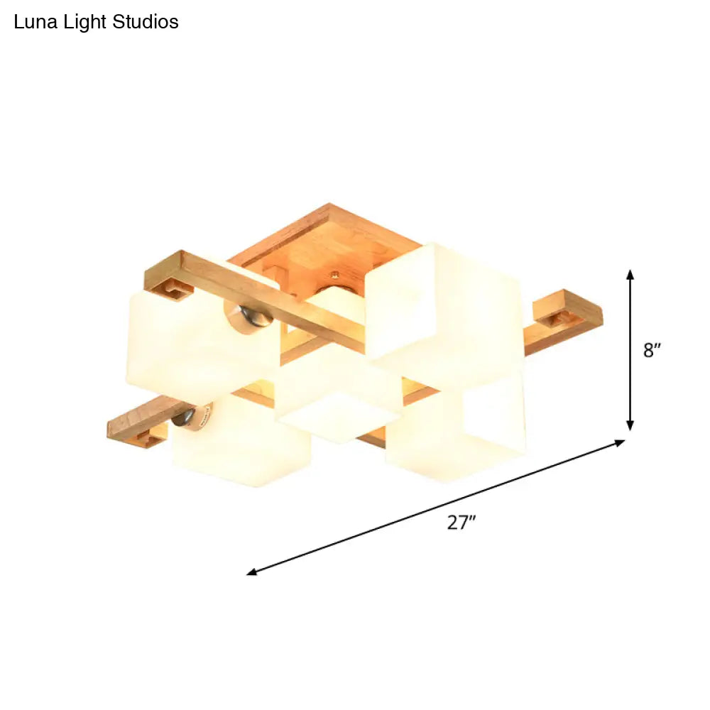 DecorBites™ DecorBites™ Modernist Beige Cubic Ceiling Lamp with Opaline Glass Shade - Semi Flush Mount, 4/5 Heads