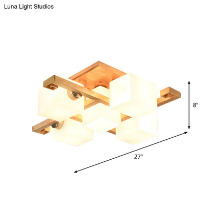 DecorBites™ DecorBites™ Modernist Beige Cubic Ceiling Lamp with Opaline Glass Shade - Semi Flush Mount, 4/5 Heads