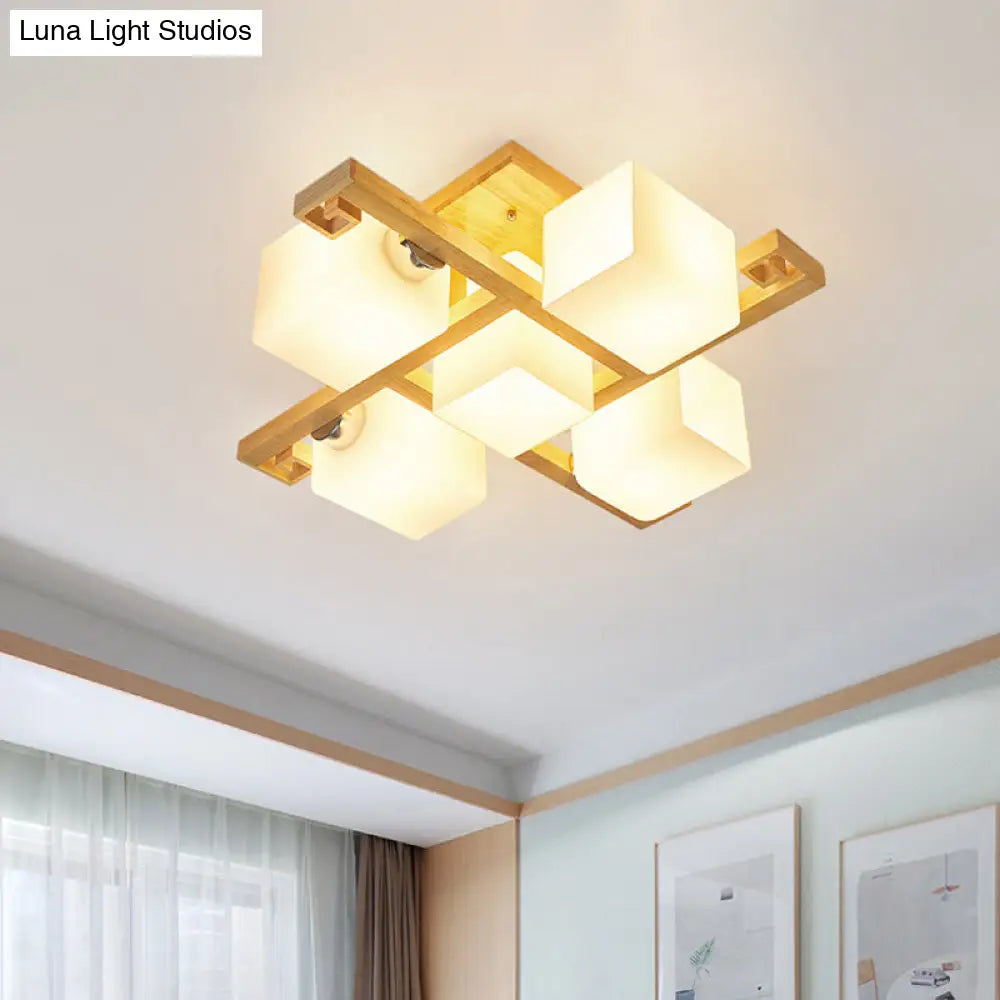DecorBites™ DecorBites™ Modernist Beige Cubic Ceiling Lamp with Opaline Glass Shade - Semi Flush Mount, 4/5 Heads