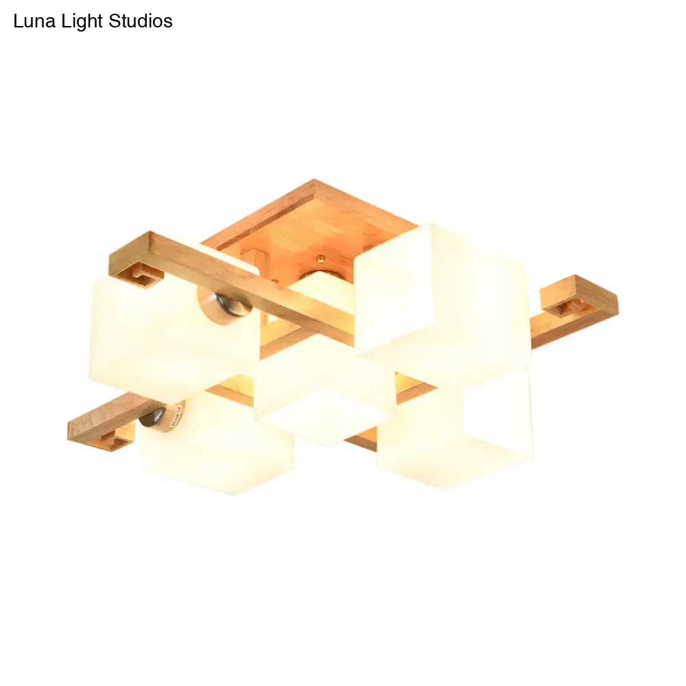 DecorBites™ DecorBites™ Modernist Beige Cubic Ceiling Lamp with Opaline Glass Shade - Semi Flush Mount, 4/5 Heads