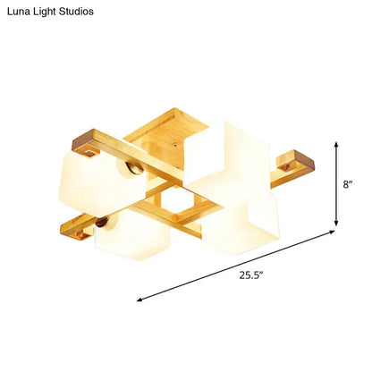 DecorBites™ DecorBites™ Modernist Beige Cubic Ceiling Lamp with Opaline Glass Shade - Semi Flush Mount, 4/5 Heads