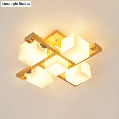 DecorBites™ DecorBites™ Modernist Beige Cubic Ceiling Lamp with Opaline Glass Shade - Semi Flush Mount, 4/5 Heads