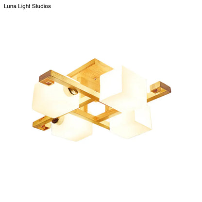 DecorBites™ DecorBites™ Modernist Beige Cubic Ceiling Lamp with Opaline Glass Shade - Semi Flush Mount, 4/5 Heads