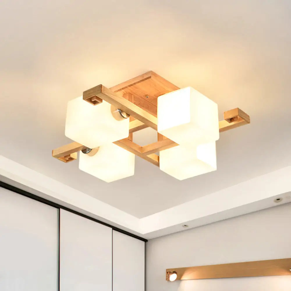 DecorBites™ DecorBites™ Modernist Beige Cubic Ceiling Lamp with Opaline Glass Shade - Semi Flush Mount, 4/5 Heads