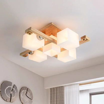 DecorBites™ DecorBites™ Modernist Beige Cubic Ceiling Lamp with Opaline Glass Shade - Semi Flush Mount, 4/5 Heads