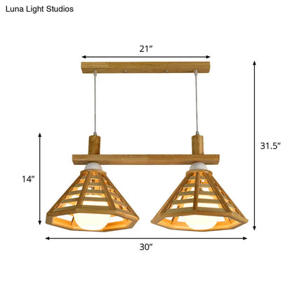 Modernist Beige Polygon Cage Pendant Lamp with Wood Shade - 2 Bulb Hanging Light