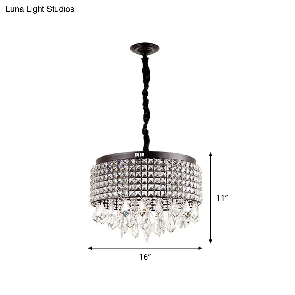 Lámpara de araña de cristal negro modernista con forma de tambor - Lámpara colgante de 5 luces con gota, elegantemente incrustada