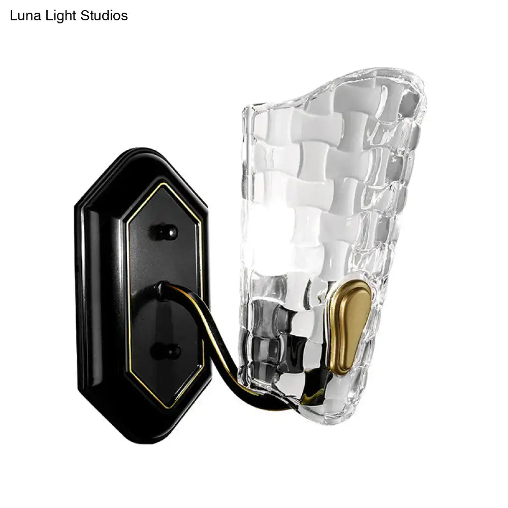 Modernist black and gold wall sconce with clear crystal panel and woven texture for bedroom lighting with led incandescent fluorescent bulbs