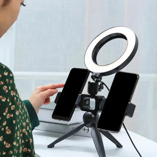 Modernist black led ring light tripod with mobile phone support designed as a bedroom lamp and wall light accessory