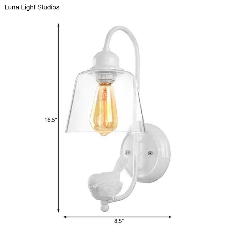 White ceramic cone wall lamp with clear glass shade and exposed Edison bulb for modernist bedroom lighting