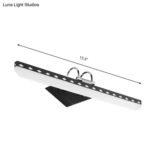 Modernist black white led vanity light with curved arm, sleek white diffuser, and black diamond-patterned trim for natural light