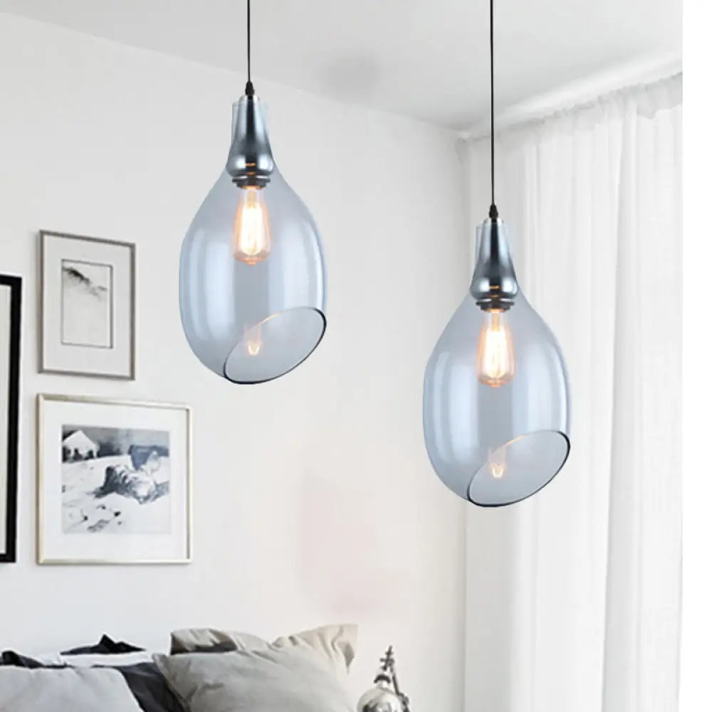 Modernist Blue/Amber Glass Bottle Pendant Lamp - Nickel Hanging Light Fixture for Bedroom