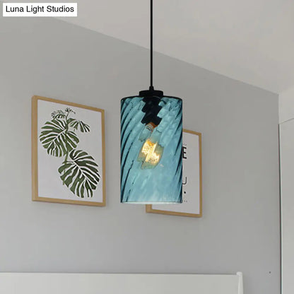 Modernist Blue Glass Pendant Light with Lattice Design and Ceiling Hung Suspension