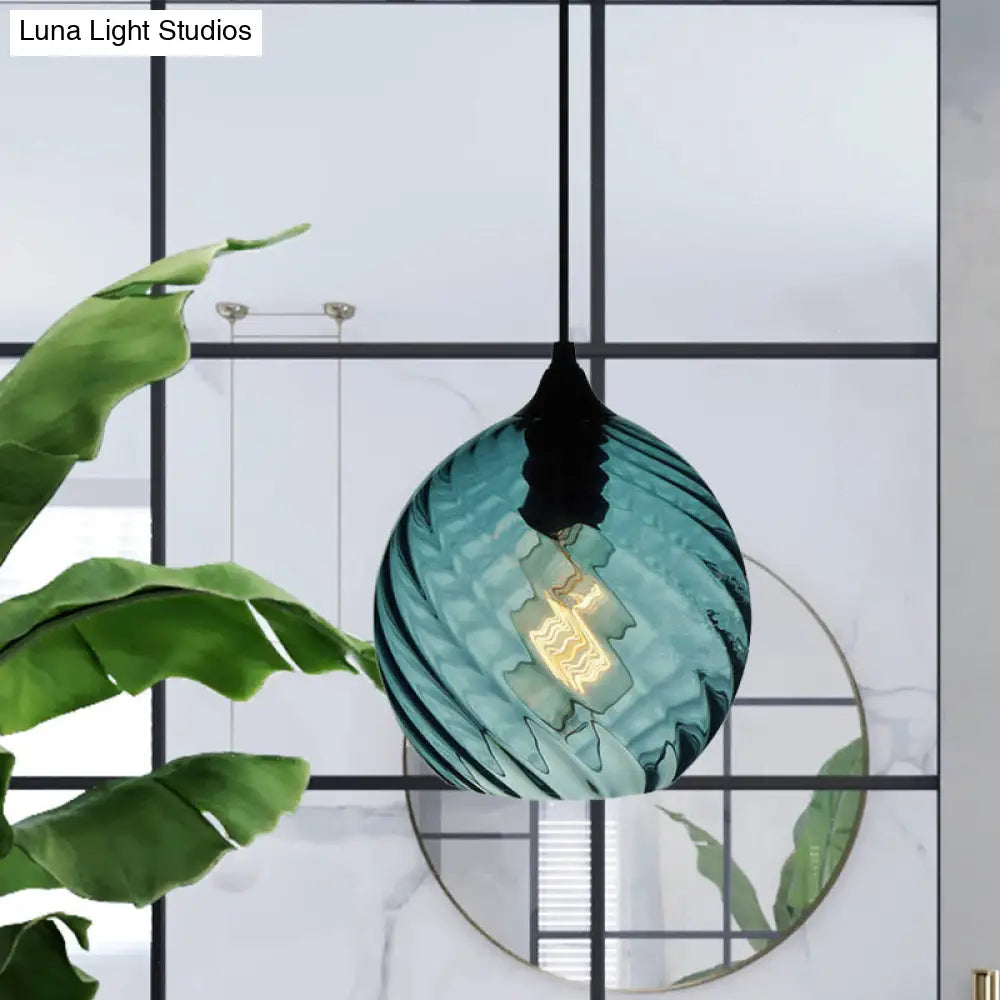 Modernist Blue Glass Pendant Light with Lattice Design and Ceiling Hung Suspension