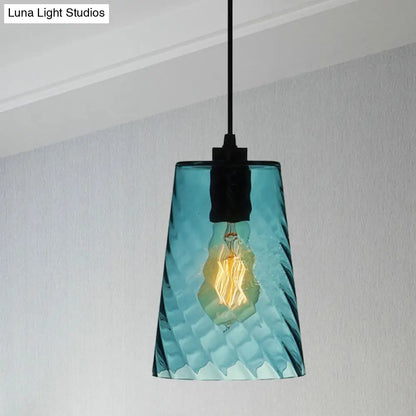 Modernist Blue Glass Pendant Light with Lattice Design and Ceiling Hung Suspension