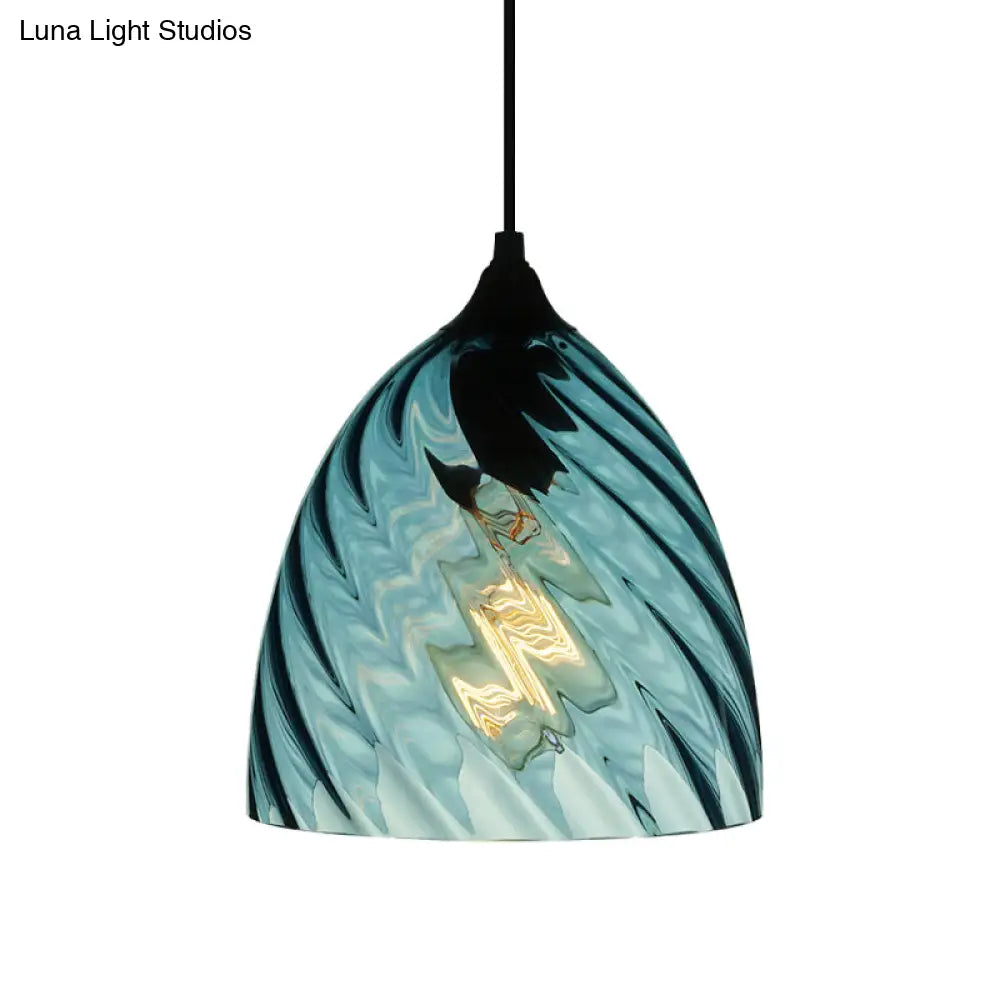 Modernist Blue Glass Pendant Light with Lattice Design and Ceiling Hung Suspension