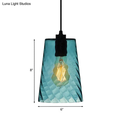 Modernist Blue Glass Pendant Light with Lattice Design and Ceiling Hung Suspension