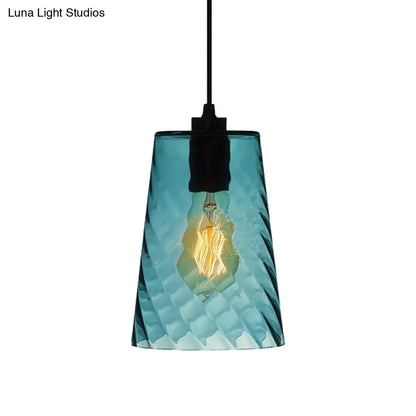 Modernist Blue Glass Pendant Light with Lattice Design and Ceiling Hung Suspension