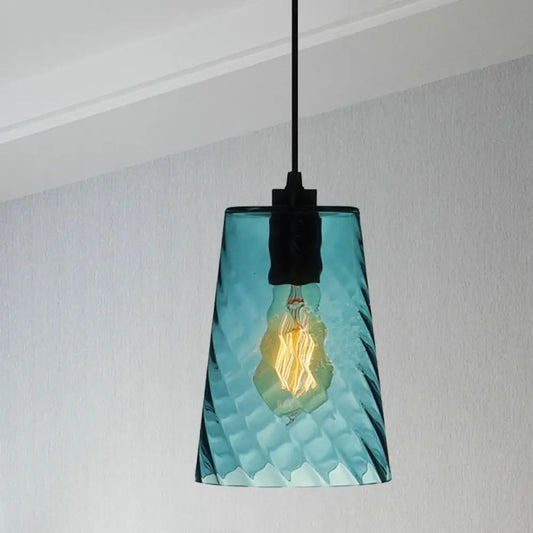 Modernist Blue Glass Pendant Light with Lattice Design and Ceiling Hung Suspension