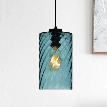 Modernist Blue Glass Pendant Light with Lattice Design and Ceiling Hung Suspension