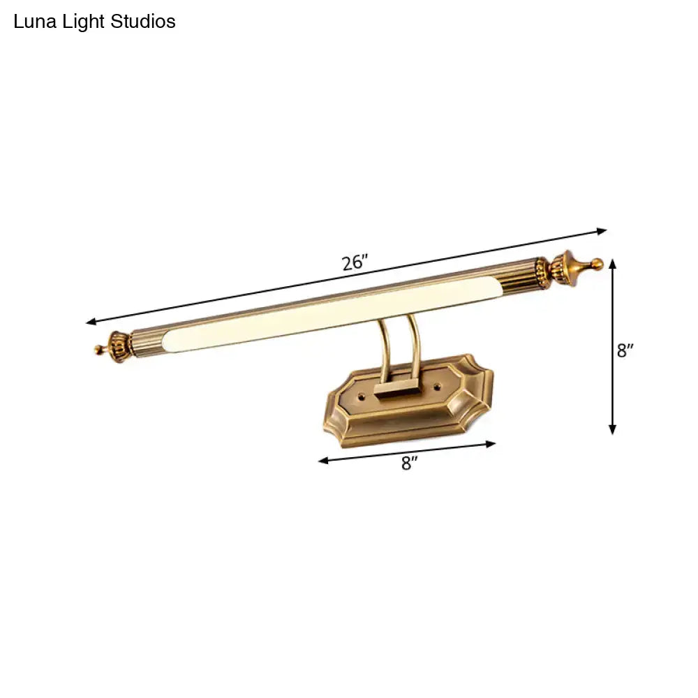 Antique brass-finished led vanity light fixture with 26-inch elongated bar and frosted glass sconce for bathroom use