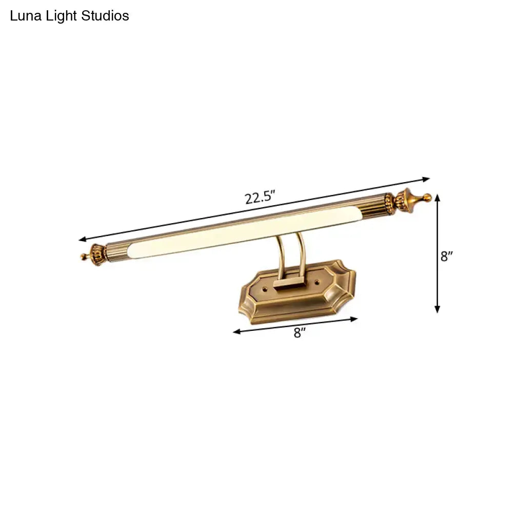 Modernist brass led vanity light fixture with frosted glass diffuser and ornate ends for bathroom use