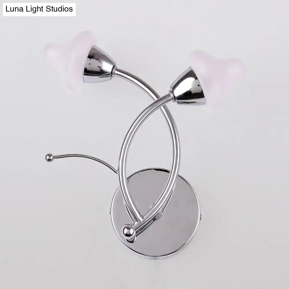Modernist chrome double-arm wall lamp with frosted pink tulip glass shades for 220v-240v or 110v-120v use