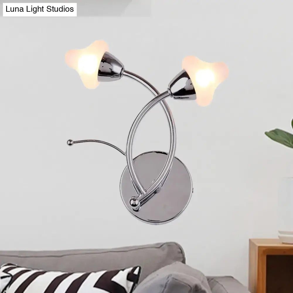 Modernist chrome and glass wall lamp with two curved arms and frosted tulip shades for office 220v-240v use