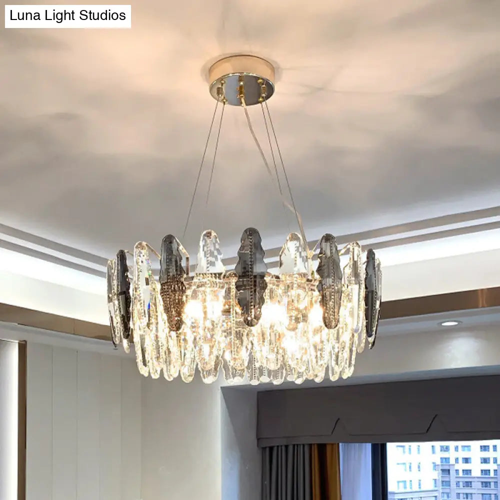Modernist Clear and Smoke Gray Crystal Chandelier Light - 2 Tiers Suspension, 6 Heads