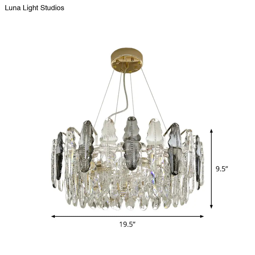 Modernist Clear and Smoke Gray Crystal Chandelier Light - 2 Tiers Suspension, 6 Heads