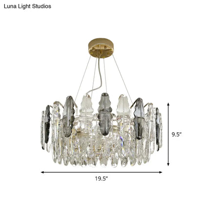 Modernist Clear and Smoke Gray Crystal Chandelier Light - 2 Tiers Suspension, 6 Heads