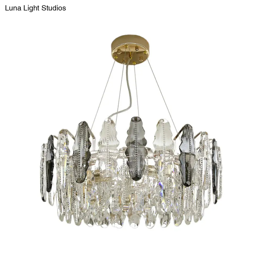 Modernist Clear and Smoke Gray Crystal Chandelier Light - 2 Tiers Suspension, 6 Heads