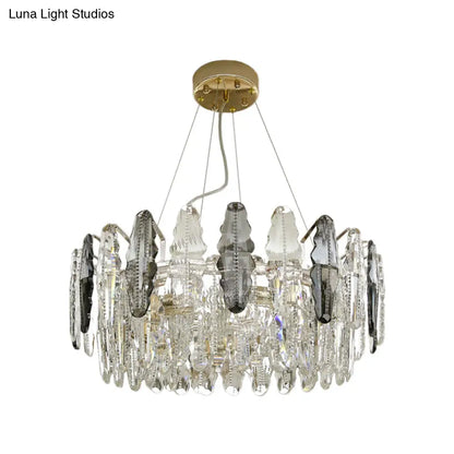 Modernist Clear and Smoke Gray Crystal Chandelier Light - 2 Tiers Suspension, 6 Heads