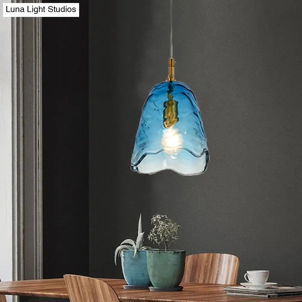 Modernist Clear/Blue Ripple Glass Ceiling Pendant Lamp with Scalloped Design and Brass Finish