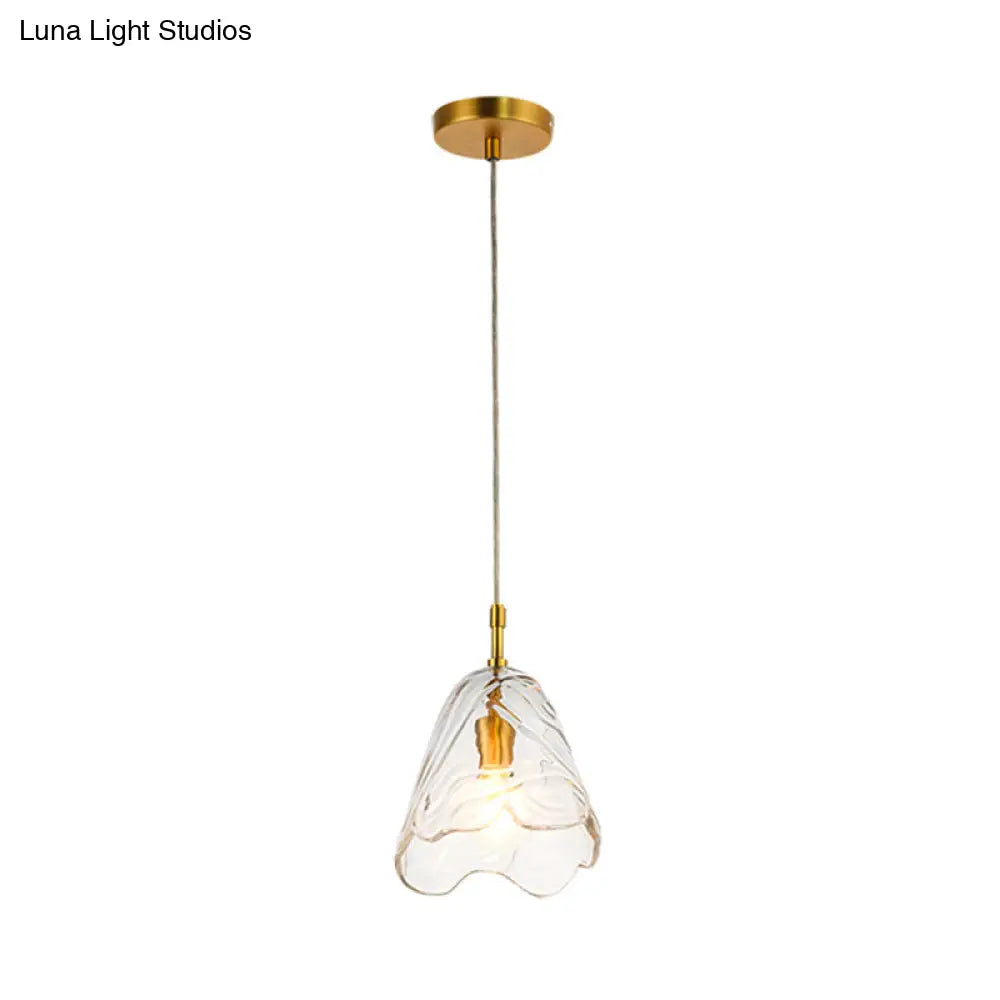 Modernist Clear/Blue Ripple Glass Ceiling Pendant Lamp with Scalloped Design and Brass Finish