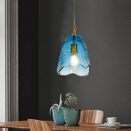 Modernist Clear/Blue Ripple Glass Ceiling Pendant Lamp with Scalloped Design and Brass Finish