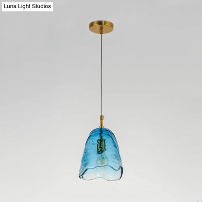 Modernist Clear/Blue Ripple Glass Ceiling Pendant Lamp with Scalloped Design and Brass Finish