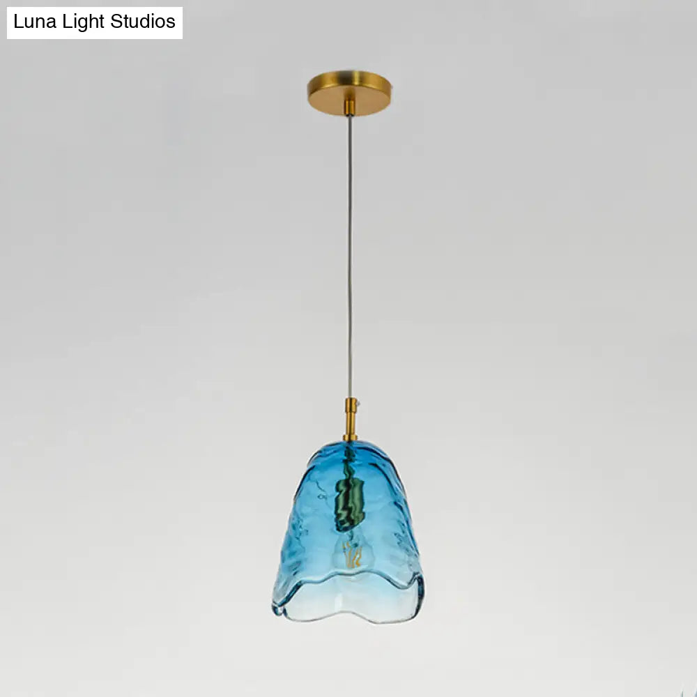 Modernist Clear/Blue Ripple Glass Ceiling Pendant Lamp with Scalloped Design and Brass Finish