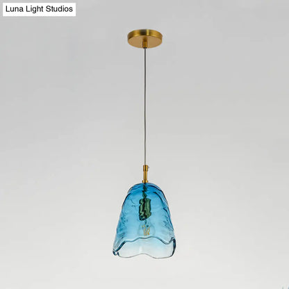 Modernist Clear/Blue Ripple Glass Ceiling Pendant Lamp with Scalloped Design and Brass Finish