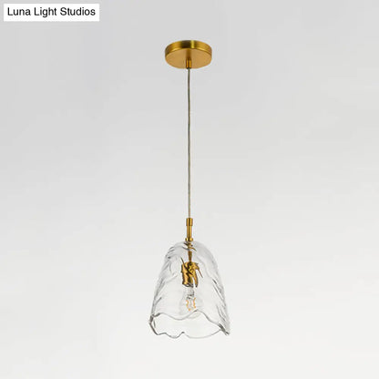 Modernist Clear/Blue Ripple Glass Ceiling Pendant Lamp with Scalloped Design and Brass Finish