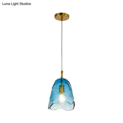 Modernist Clear/Blue Ripple Glass Ceiling Pendant Lamp with Scalloped Design and Brass Finish