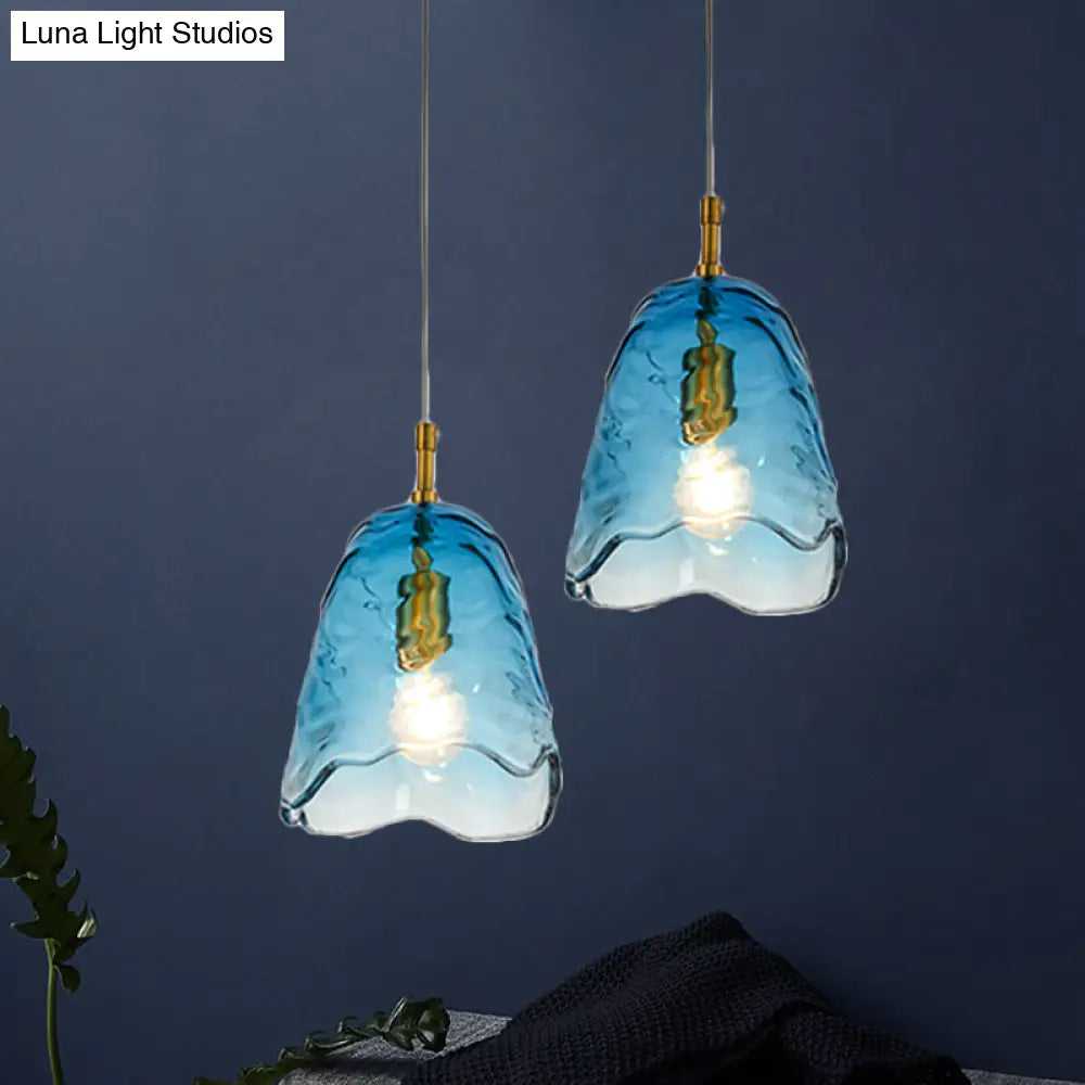 Modernist Clear/Blue Ripple Glass Ceiling Pendant Lamp with Scalloped Design and Brass Finish